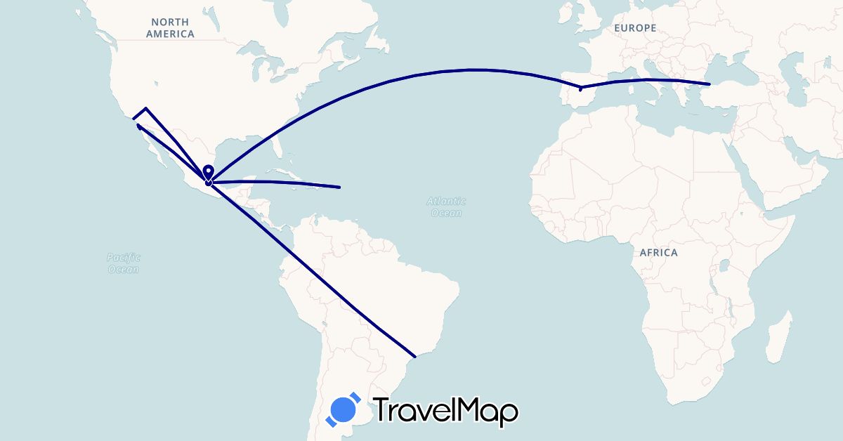 TravelMap itinerary: driving in Brazil, Spain, Mexico, Turkey, United States (Asia, Europe, North America, South America)